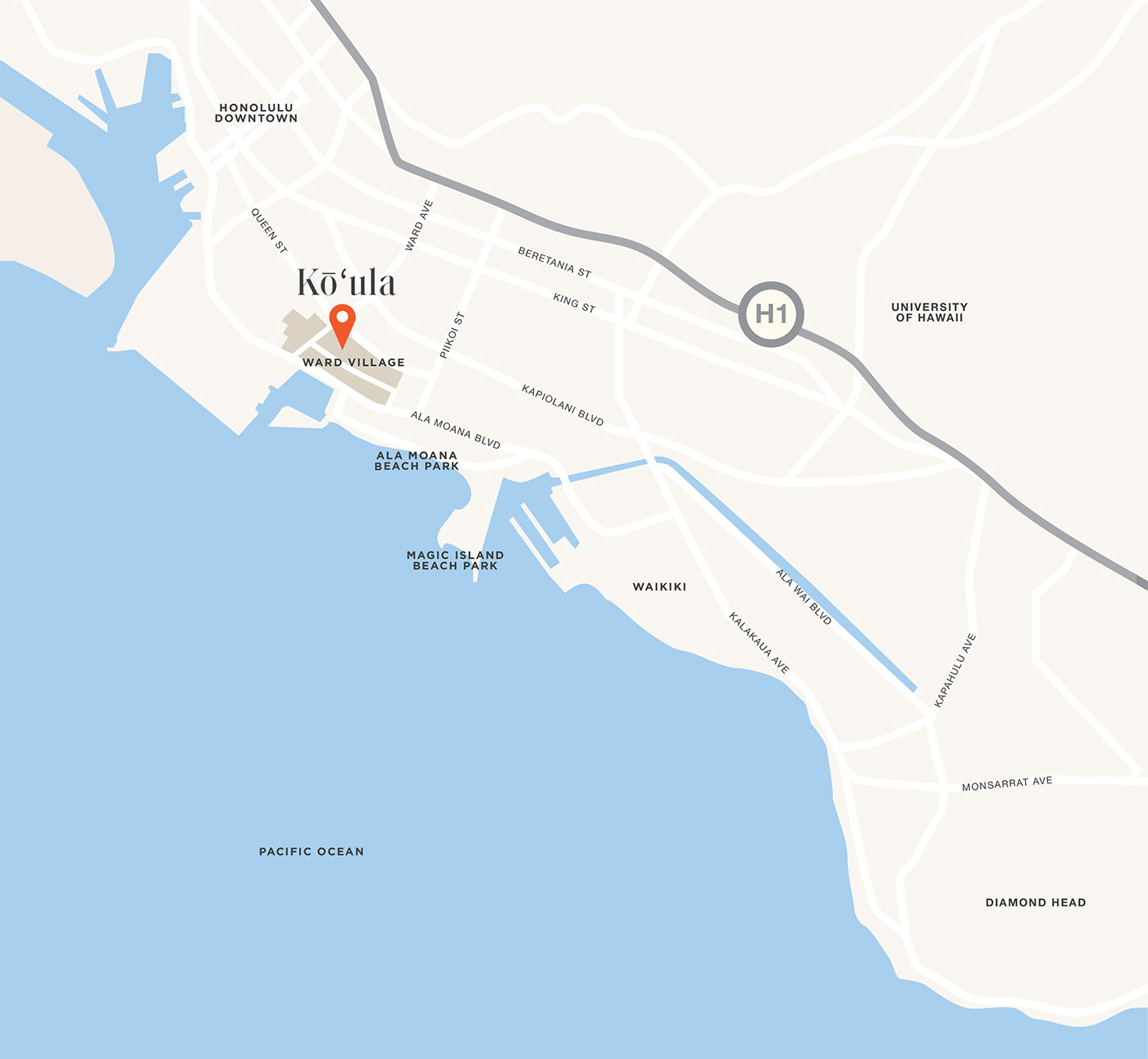 Honolulu map showing Kōʻula residence location